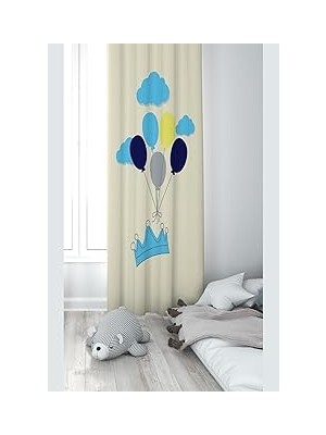Mey İthalat Pelangi Krem Taç ve Balon Desenli Dijital Baskı Yıkanabilir Bebek Çocuk Odası Fon Perdesi, Karışık Renkli 70 x 240