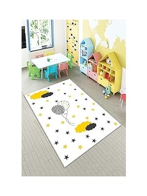 Mey İthalat Pelangi Beyaz Balon ve Bulut Desenli Yıkanabilir Kaymaz Taban Leke Tutmazbebek ve Çocuk Odası Halısı, Beyaz 120 x 200