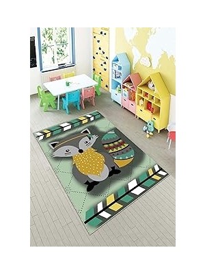Mey İthalat Pelangi Gri Rakun Desenli Yıkanabilir Kaymaz Taban Leke Tutmazbebek ve Çocuk Odası Halısı, Gri-Yeşil 160 x 350, 901357147160350
