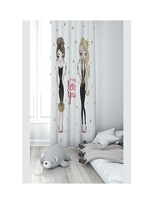 Mey İthalat Pelangi Beyaz Partideki Kızlar Desenli Dijital Baskı Yıkanabilir Bebek Çocuk Odası Fon Perdesi, Beyaz 70 x 200
