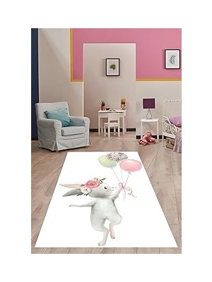 Mey İthalat Pelangi Beyaz Zemin Balonlu Tavşan Desenli Yıkanabilir Kaymaz Taban Leke Tutmaz Çocuk Odası Halısı, Beyaz-Gri-Pembe 80 x 500, 7642012208050005