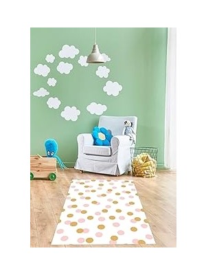 Mey İthalat Pelangi Renkli Puantiye Desenli Dijital Baskı Yıkanabilir Kaymaz Taban Leke Tutmaz Çocuk Odası Halısı, Pembe-Hardal 40 x 40