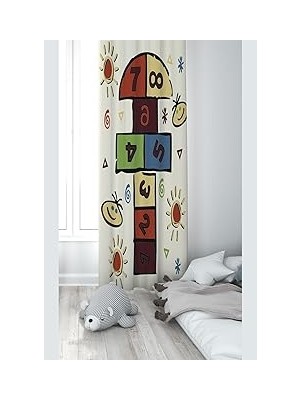Mey İthalat Pelangi Krem Seksek Desenli Dijital Baskı Yıkanabilir Bebek Çocuk Odası Fon Perdesi, Bej-Renkli 140 x 270