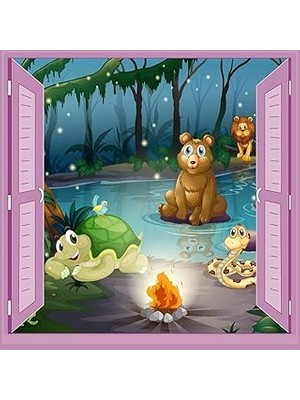 Mey İthalat Çocuk Odası Bebek Odası Pencere Poster Duvar Kağıdı Hayvanlar Kamp