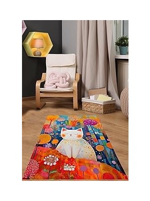 Mey İthalat Pelangi Minimalist Sanat Sevimli Kedi Yıkanabilir Kaymaz Taban Leke Tutmaz Çocuk Odası Halısı, Turuncu 180 x 250