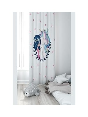 Mey İthalat Pelangi Beyaz Fon Unicorn Desenli Dijital Baskı Yıkanabilir Bebek Çocuk Odası Fon Perdesi, Beyaz-Mavi 70 x 200