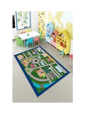 Mey İthalat Pelangi Yeşil Araba Yollu Yıkanabilir Kaymaz Taban Leke Tutmazbebek ve Çocuk Odası Halısı, Yeşil 120 x 200, 13570251202002