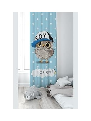 Mey İthalat Pelangi Mavi Kuş Desenli Dijital Baskı Yıkanabilir Bebek Çocuk Odası Fon Perdesi, Mavi-Beyaz 70 x 200