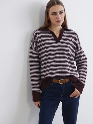 Lc Waikiki Yeni Sezon Polo Yaka Çizgili Oversize Kadın Triko Kazak