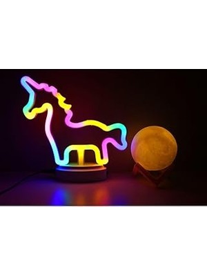 Mey İthalat Sevimli Renkli Neon Unicorn ve 3D Küre Stantlı, Pil + Kablo'lu Gece Lambası Çocuk Odası Festival Parti Dekorasyon