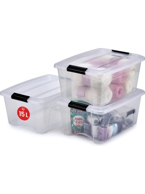 Mey İthalat Iris Ohyama, 3'lü Set Istiflenebilir Saklama Kutusu, Klik Kilitli – New Top Box Ntb-15 – Plastik, Şeffaf, 3 x 15 L, U 39,5 x G 29 x Y 18,6 cm
