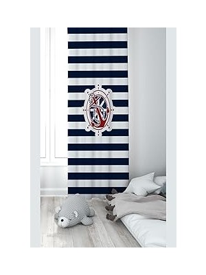 Mey İthalat Pelangi Mavi Denizci Desenli Dijital Baskı Yıkanabilir Bebek Çocuk Odası Fon Perdesi, Mavi 70 x 270