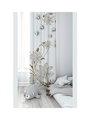 Mey İthalat Pelangi Beyaz Çicek Desenli Dijital Baskı Yıkanabilir Bebek Çocuk Odası Fon Perdesi, Beyaz 70 x 200