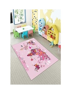 Mey İthalat Pelangi Pembe Dünya Haritası Desenli Yıkanabilir Kaymaz Taban Leke Tutmazbebek ve Çocuk Odası Halısı, Şeker Pembe 80 x 50