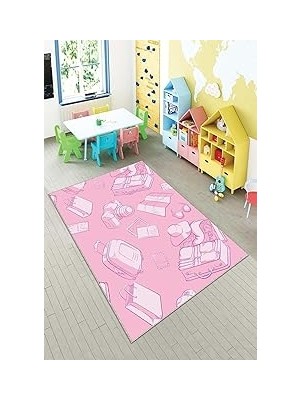 Mey İthalat Pelangi Pembe Eşya Ikonlu Çocuk Yıkanabilir Kaymaz Taban Leke Tutmazbebek ve Çocuk Odası Halısı, Şeker Pembe 130 x 180