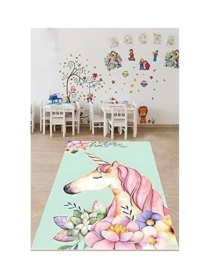 Mey İthalat Pelangi Çiçeli Tek Boynuzlu At Yıkanabilir Kaymaz Taban Leke Tutmaz Çocuk Odası Halısı, Yeşil-Pembe 160 x 250