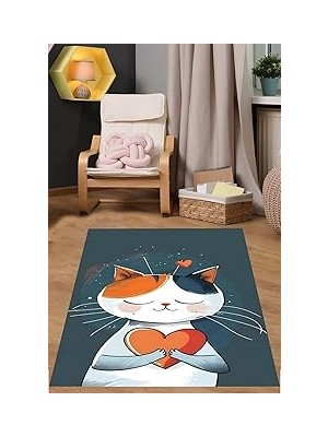 Mey İthalat Pelangi Love Temalı Sevimli Kedicik Yıkanabilir Kaymaz Taban Leke Tutmaz Çocuk Odası Halısı, Lacivert-Turuncu 120 x 160
