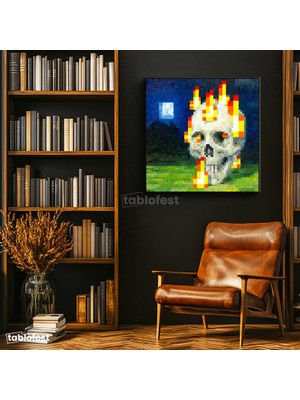 Tablofest Kare Kanvas Tablo Skull On Fire Piksel Minecraft Tablosu Ev Ofis Salon Duvar Dekoru