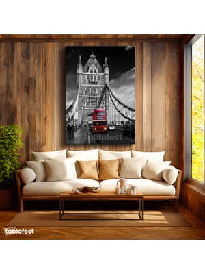 Tablofest Dikey Kanvas Tablo Londra Tower Bridge ve Otobüs Şehir Mimari Tablo Ev Ofis Duvar Dekoru