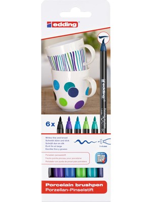 1001 4200 Porselen Fırça Kalemi - Siyah, Mor, 3 x Mavi, Yeşil, - 6 Kalem - Fırça Ucu 1-4 mm - Bulaş
