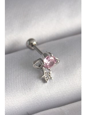 Northcity Premium 316L Çelik Tragus Piercing - Gümüş Renk Pembe Zirkonlu Sallantı Yıldız Detaylı
