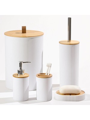 1001 5 Parça Yuvarlak Banyo Seti, Bambu Kapaklı, Beyaz, Hacim: 7 Litre