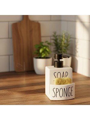 1001 Beyaz Seramik Sıvı Sabunluk ve Süngerlik Seti | 500 ml | Mutfak ve Banyo Tezgahı Için 2'si 1 A