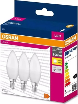 1001 LED Value CLB60 7,5W/827 3'lü E14 Duy Sarı Işık 2700K LED Mum Ampul