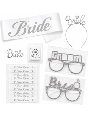 1001 28 Parça Gümüş Beyaz Bekarlığa Veda Parti Aksesuar Seti – Bride Kuşak, Gümüş Taç, Bride