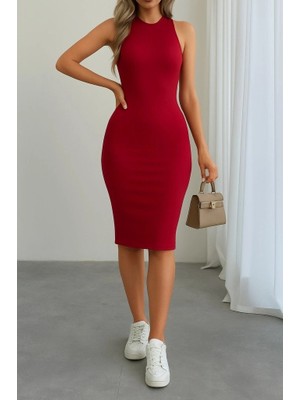 Defy Moda Kadın Omuzlardan Açık Bisiklet Yaka Janjan Krep Elbise