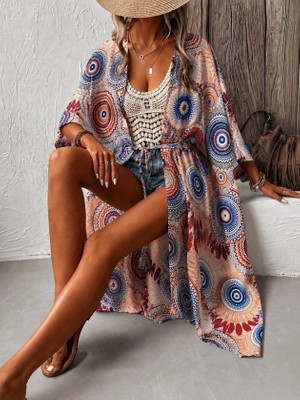 Defy Moda Kadın Kısa Kollu Önü Açık Belden Kuşaklı Uzun Kimono