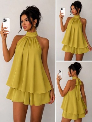 Defy Moda Kadın Halter Yaka Volan Detaylı Mini Elbise