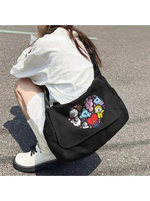 Empressco Küt Küt BT21 Heart Baskılı Unisex Siyah Postacı Çantası