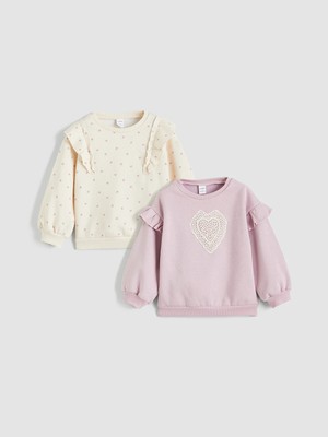 Lc Waikiki Yeni Sezon Bisiklet Yaka Baskılı Kız Çocuk Sweatshirt 2'li