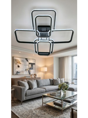 G-Light 6'lı Dikdörtgen LED Plafonyer Avize Siyah Kasa 3 Renk Modern Salon Avizesi