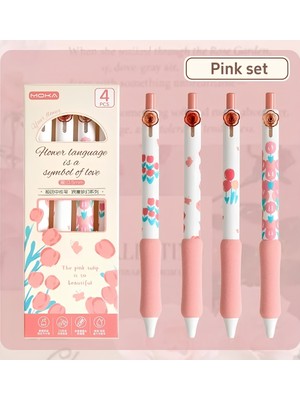 ÖZ OFİS Kawaii 4'lü Moka 0.5mm Lale Desenli Sünger Tutuşlu Basmalı Jel Kalem Seti - 1 Kutu Soft Renkler