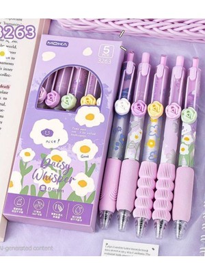 ÖZ OFİS Kawaii 5'li Moka Daisy Whisper Papatya Temalı Mor Jel Kalem Seti - 0.5 mm Ergonomik Tutuşlu Basmalı Kalem