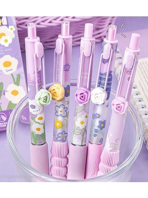 ÖZ OFİS Kawaii Moka Daisy Whisper Papatya Temalı Mor Jel Kalem Tekli - 0.5 mm Ergonomik Tutuşlu Basmalı Kalem