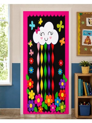 Promisebackdrop2 190X75CM Lastikli Kapı Süsü, Kumaş Kapı Giydirme, Renkli Çiçekler ve Bulut Temalı, Sınıf Kapısı, Okul Etkinlik Kapı Süsü