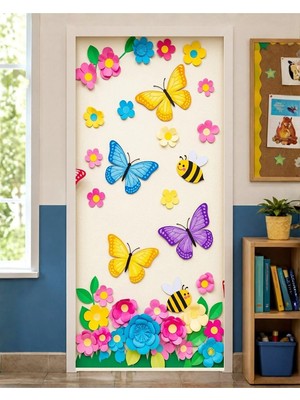 Promisebackdrop2 190X75CM Lastikli Kapı Süsü, Kumaş Kapı Giydirme, Renkli Kelebektemalı, Sınıf Kapısı, Okul Etkinlik Kapı Süsü