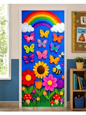 Promisebackdrop2 190X75CM Lastikli Kapı Süsü, Kumaş Kapı Giydirme, Renkli Çiçek ve Kelebek Temalı, Sınıf Kapısı, Okul Etkinlik Kapı Süsü