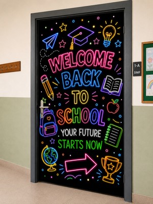 Promisebackdrop2 190X75CM Lastikli Kapı Süsü, Kumaş Kapı Giydirme, Welcome Back To School, Sınıf Kapısı, Okul Etkinlik Kapı Süsü