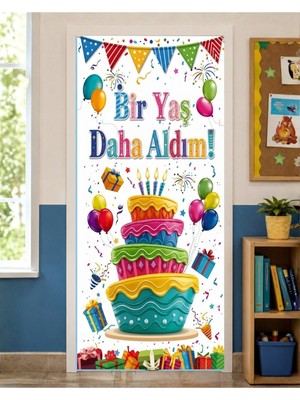 Promisebackdrop2 190X75CM Lastikli Kapı Süsü, Kumaş Kapı Giydirme, Bir Yaş Daha Aldım, Sınıf Kapısı, Okul Etkinlik Kapı Süsü