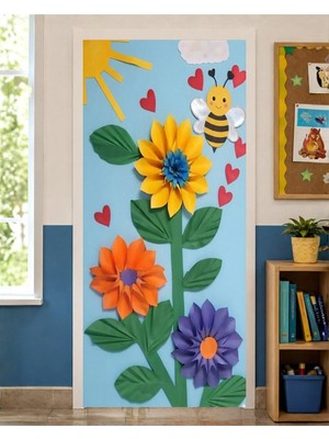 Promisebackdrop2 190X75CM Lastikli Kapı Süsü, Kumaş Kapı Giydirme, Renkli Çiçekler ve Bal Arısı Temalı, Sınıf Kapısı, Okul Etkinlik Kapı Süsü