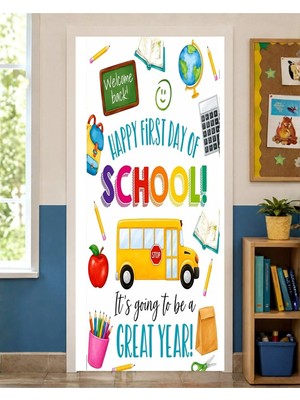 Promisebackdrop2 190X75CM Lastikli Kapı Süsü, Kumaş Kapı Giydirme, Happy First Day To School, Sınıf Kapısı, Okul Etkinlik Kapı Süsü