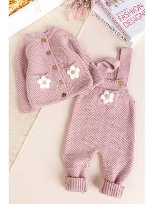 Babymod Yumuşak Dokulu Triko Hırkalı Kız Bebek Örgü Salopet Tulum Set