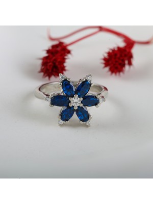Gezer Kuyumculuk Safir Renk Taşlı Lotus Çiçeği Gümüş Yüzük, 925 Ayar Gümüş Yüzük, Lotus Çiçeği Yüzük