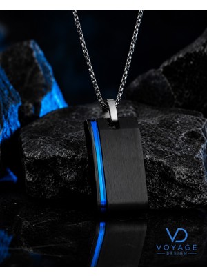 Voyage Accessory Paslanmaz Çelik Elit Tasarım Mavi Çizgili Siyah Erkek Kolye
