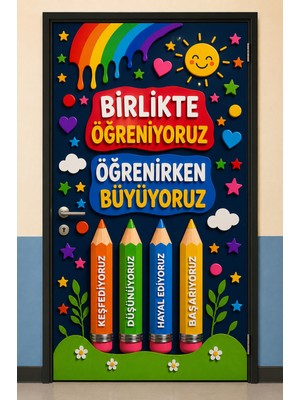 Promisebackdrop2 190X75CM Lastikli Kapı Süsü, Kumaş Kapı Giydirme, Birlikte Öğreniyoruz Öğrenirken Büyüyoruz, Sınıf Kapısı, Okul Etkinlik Kapı Süsü