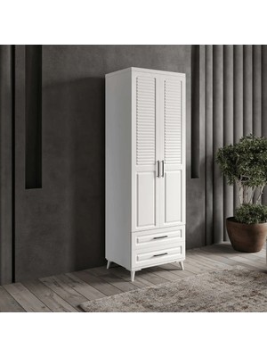 Macera Mobilya  Sanat 2 Kapaklı Çekmeceli Komple Mdf Beyaz Gardırop